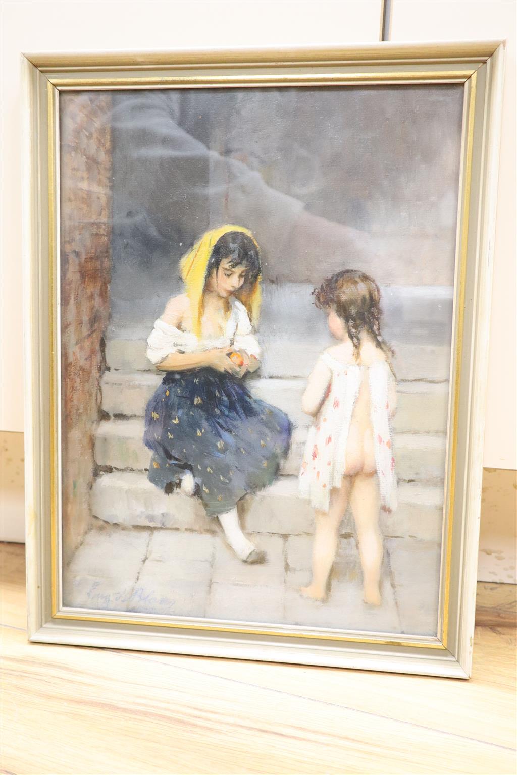 Follower of Eugene Von Blaas (1843-1932), Portrait of two young girls seated on a step, peeling an orange,
